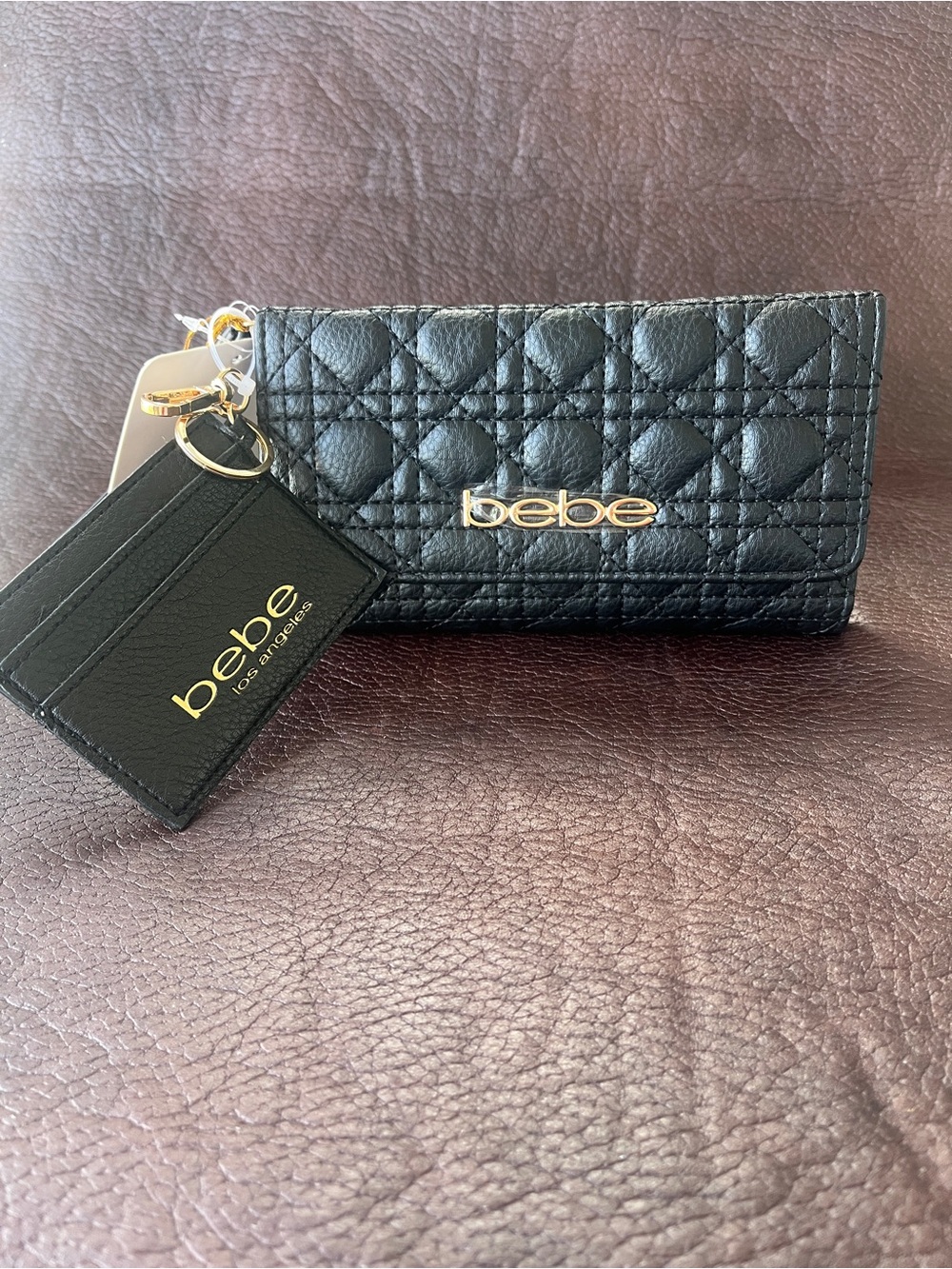 bebe Quilted Black wallet Set with Gold Logo